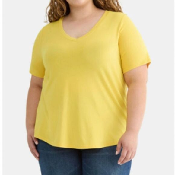 Womens Plus Size Yellow V Neck With Short Sleeves Spring Summer Top New - Picture 1 of 10